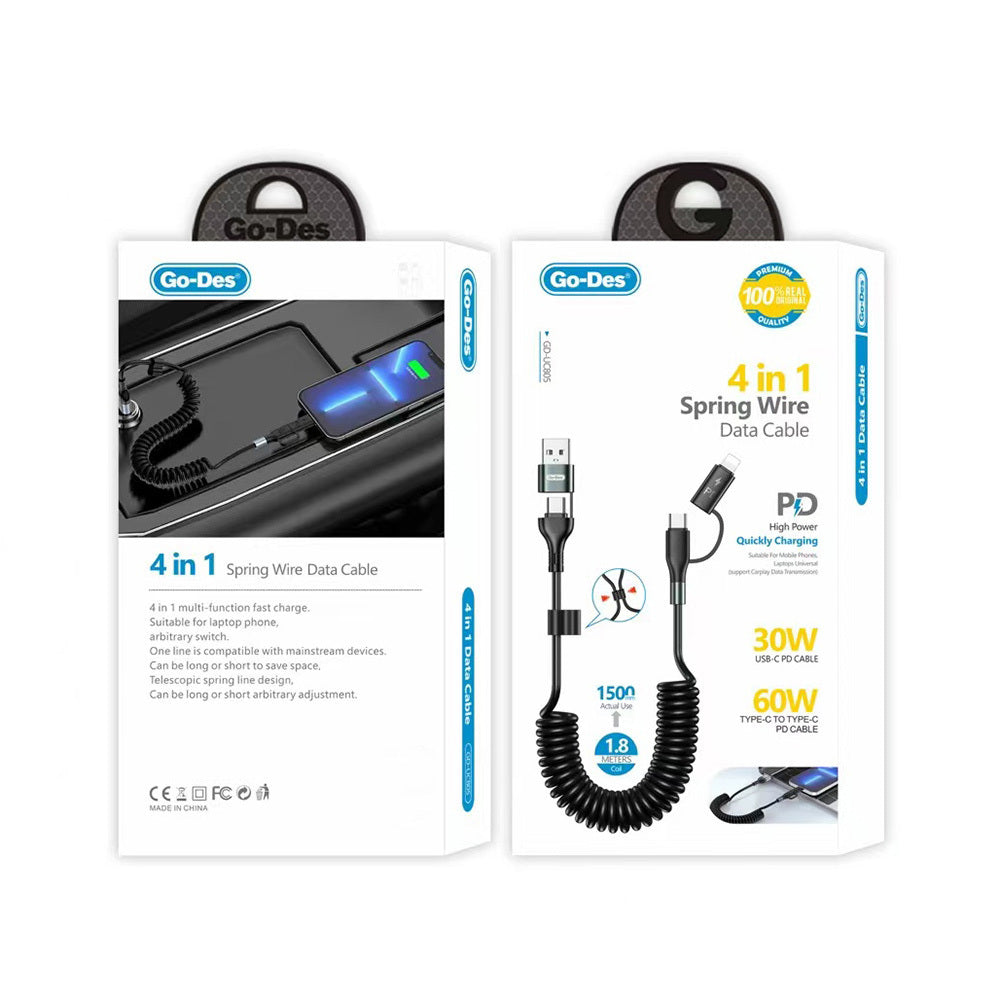 Go Des GD-UC805 4in1 Type-C+USB-A to Type-C+Lightning Sarmal PD Şarj ve Data Kablosu 60W 1.8M Go Des GD-UC805 4in1 Type-C+USB-A to Type-C+Lightning Sarmal PD Şarj ve Data Kablosu 60W 1.8M